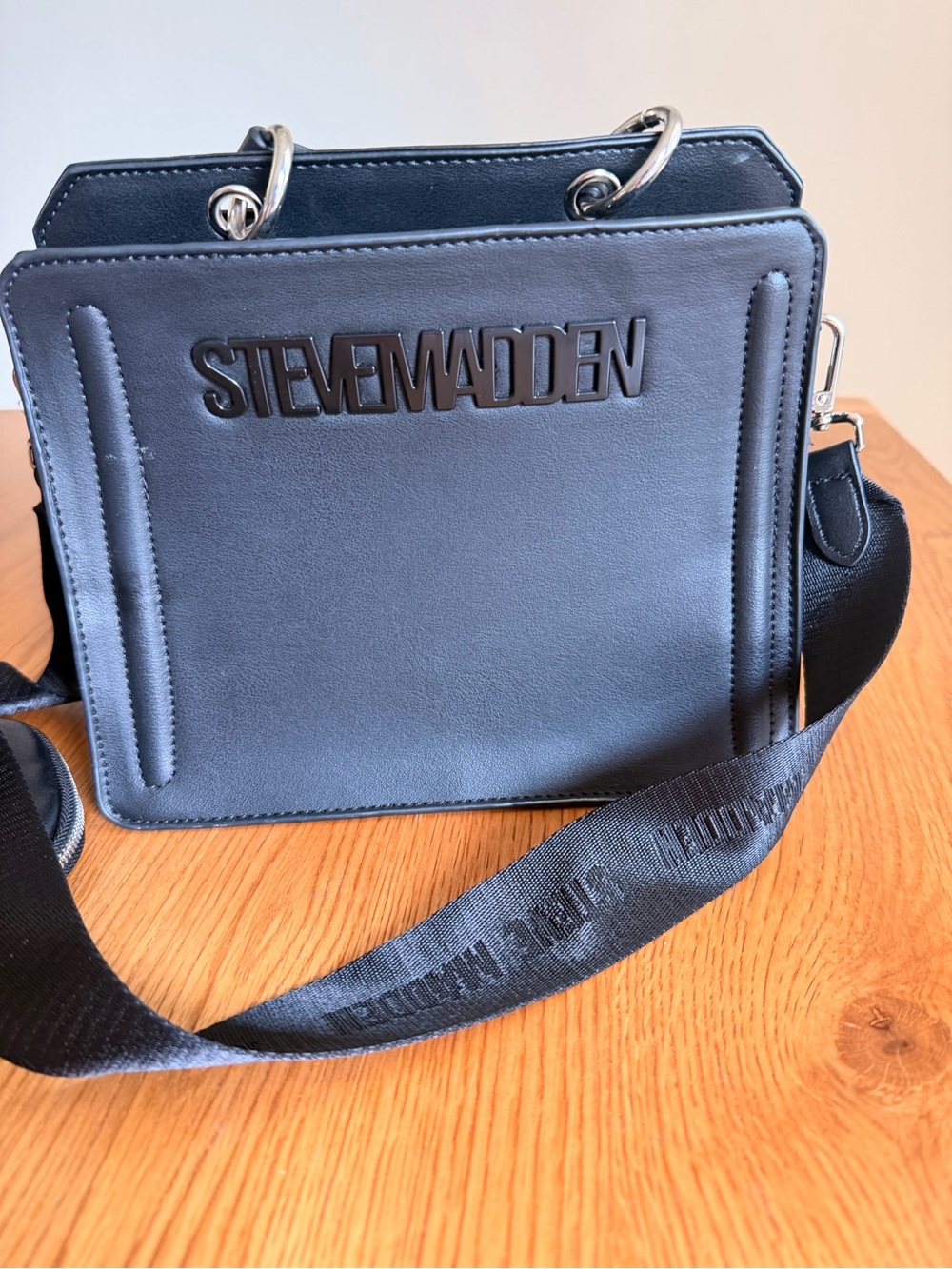 Steve Madden Black Structured Messenger Bag with Logo